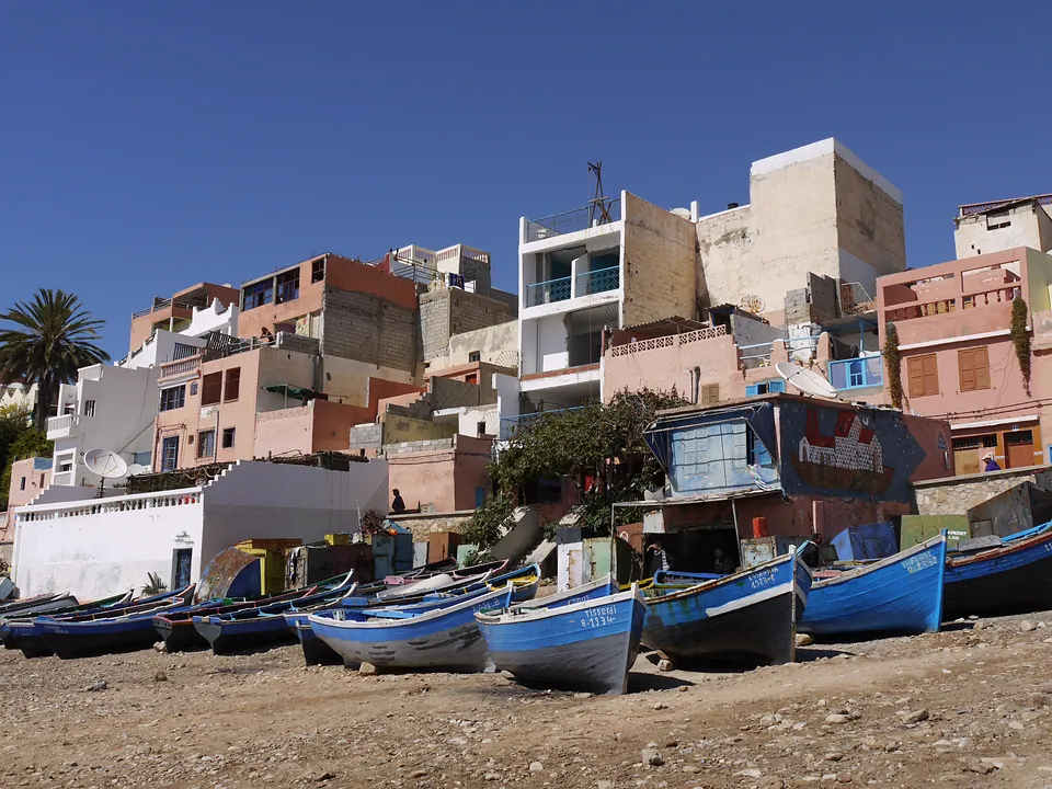 Fishing boats in front of Taghazout village