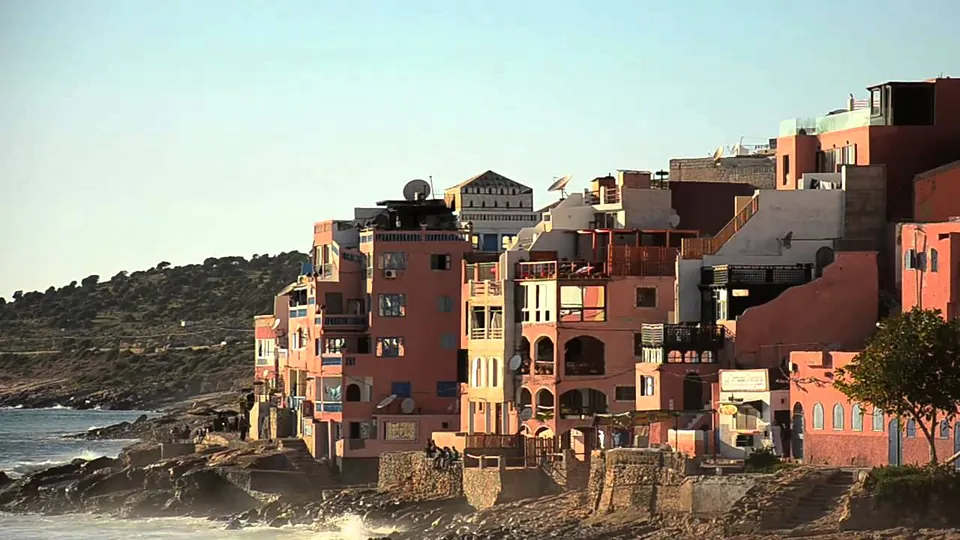 Taghazout village on the cliffs above the point breaks